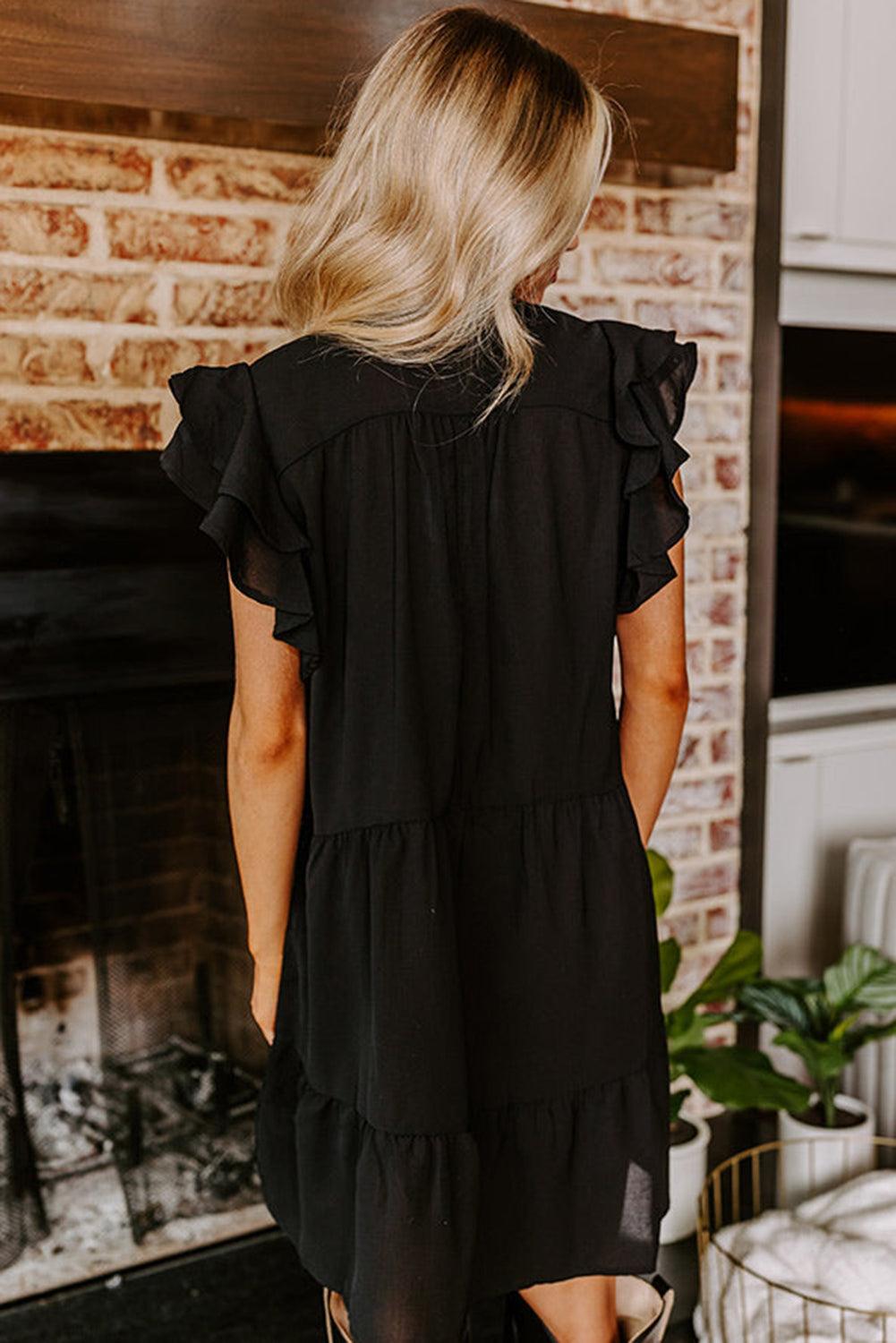 Black Floral Embroidered Tiered Ruffled Mini Dress - L & M Kee, LLC