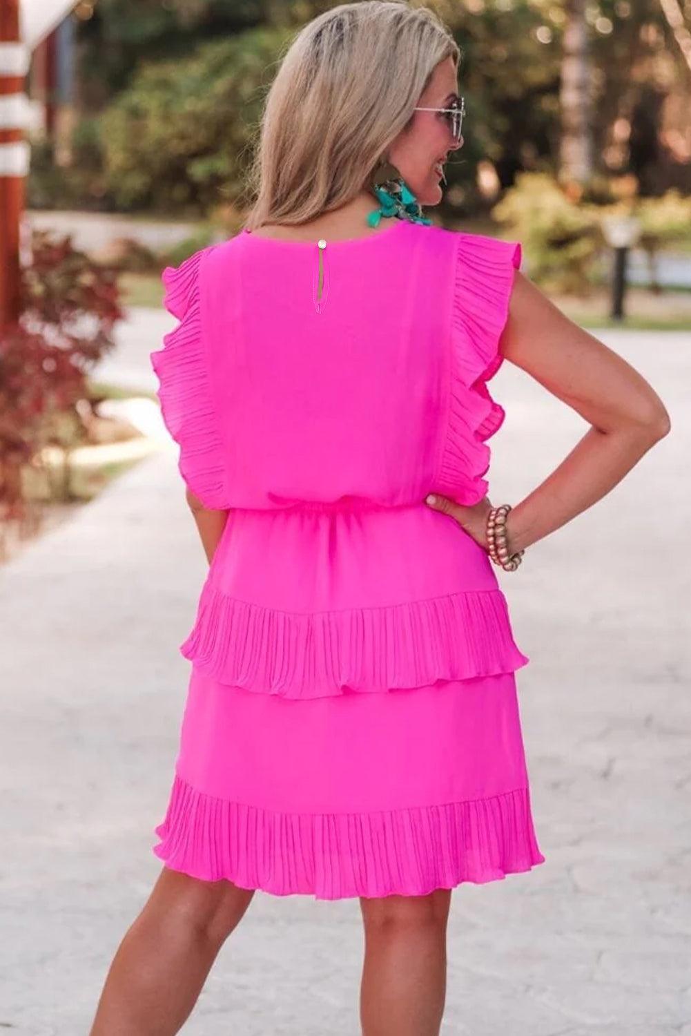 Bright Pink Solid Color Pleated Layered Flutter Mini Dress - L & M Kee, LLC