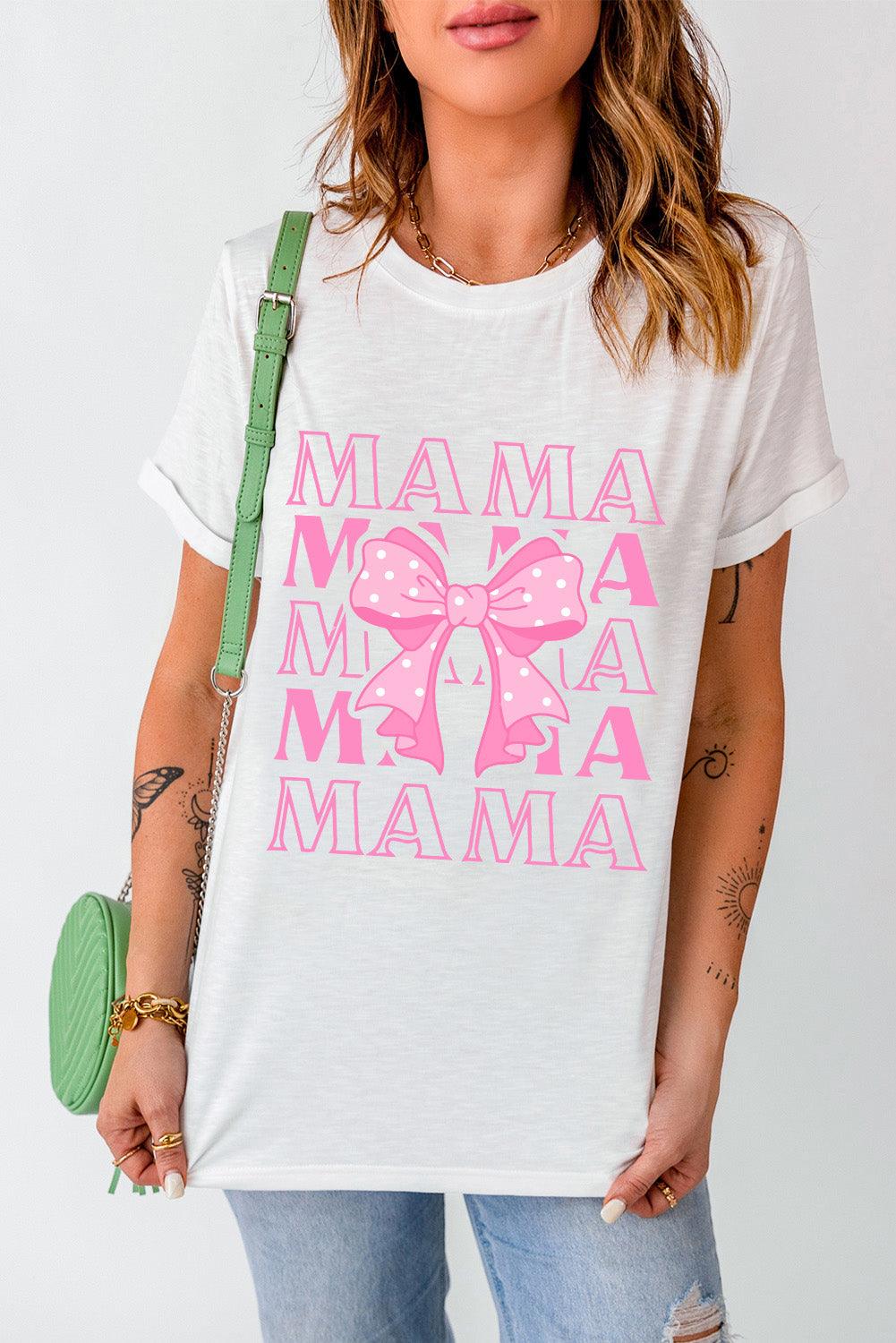 White MAMA Dotty Bowknot Graphic T Shirt - L & M Kee, LLC