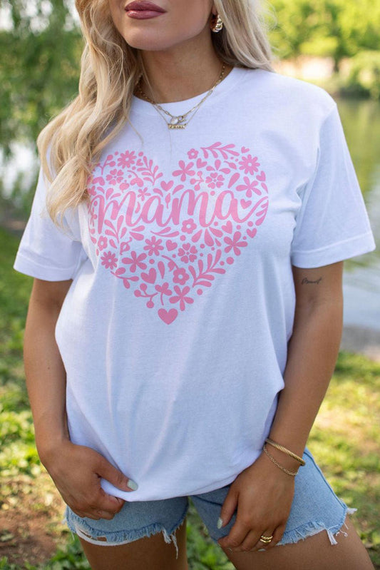White Floral mama Heart Shape Graphic T Shirt