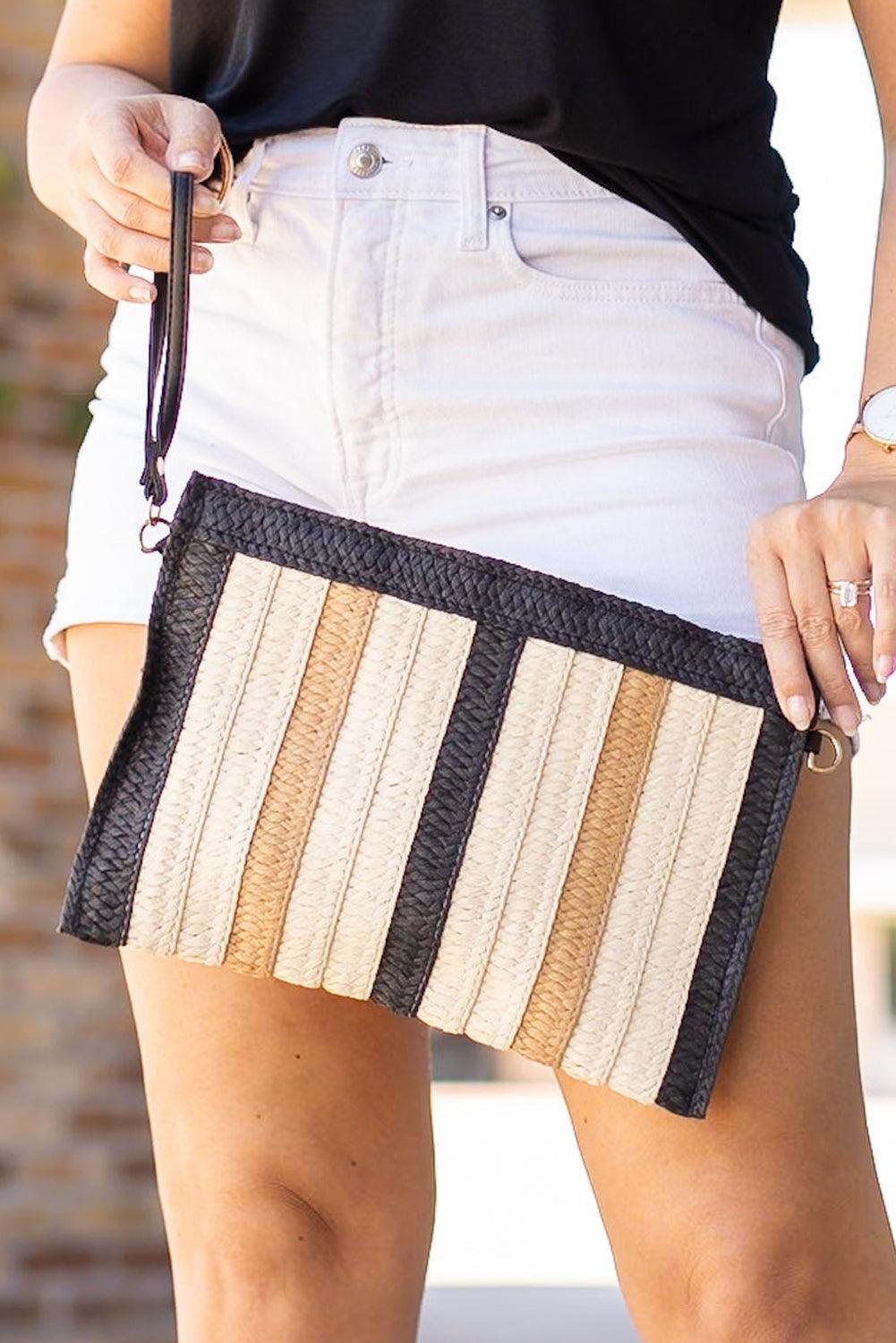 Black Contrast Striped Straw Woven Shoulder Bag - L & M Kee, LLC