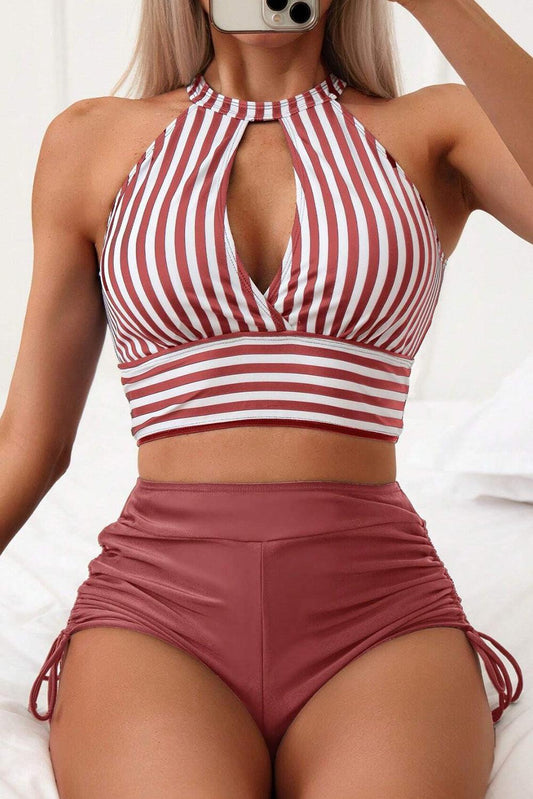 Mineral Red Striped Halter Top Drawstring Ruched High Waisted Bikini - L & M Kee, LLC