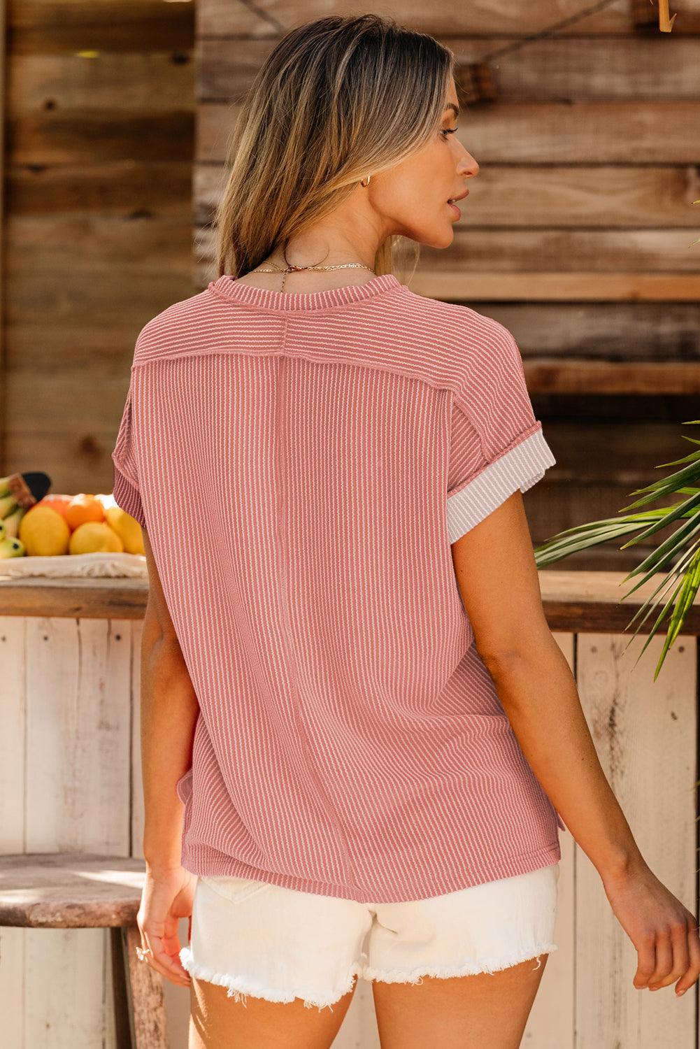 Apricot Pink Textured Colorblock Crew Neck T Shirt - L & M Kee, LLC