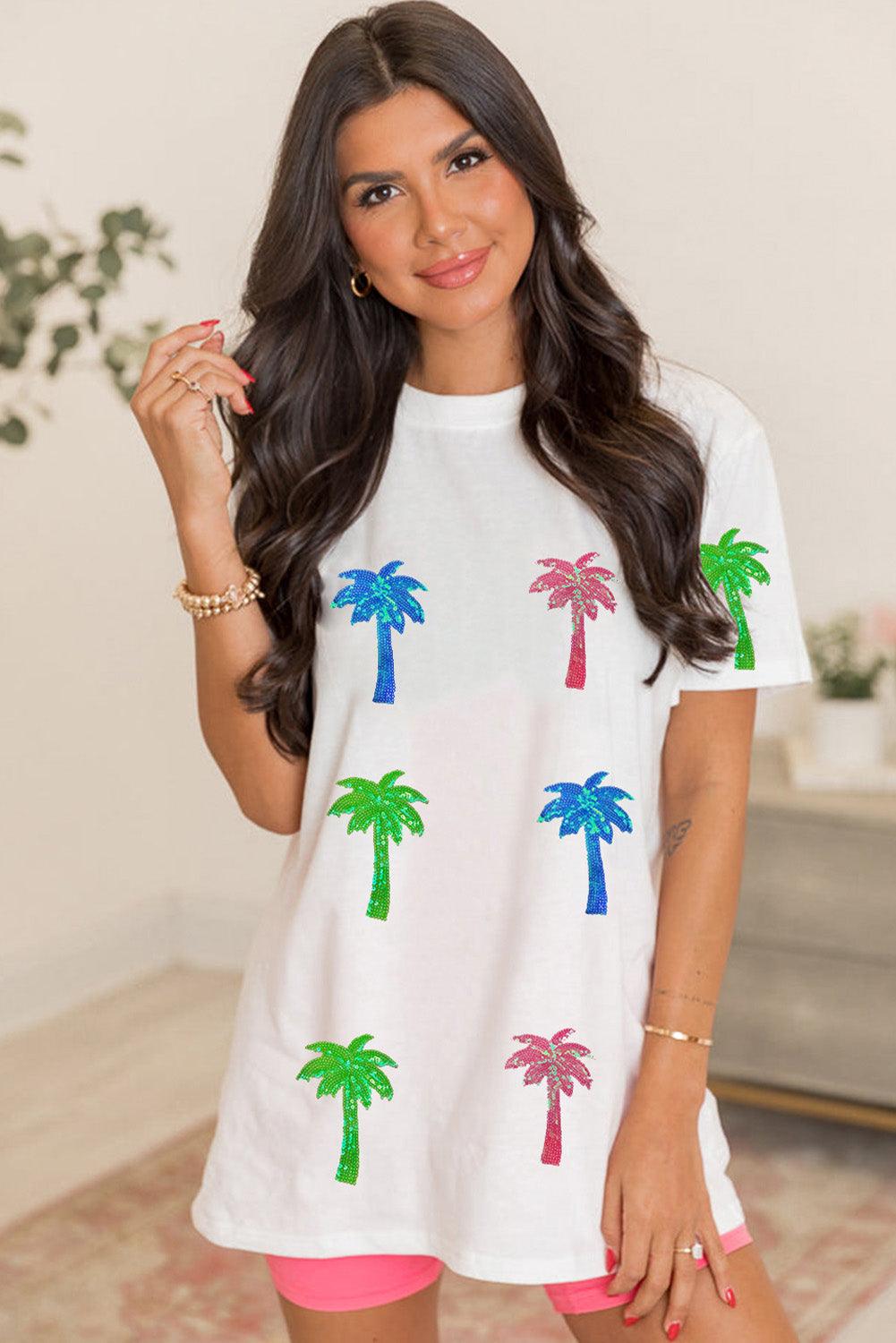 White Sequin Coconut Tree Graphic T Shirt