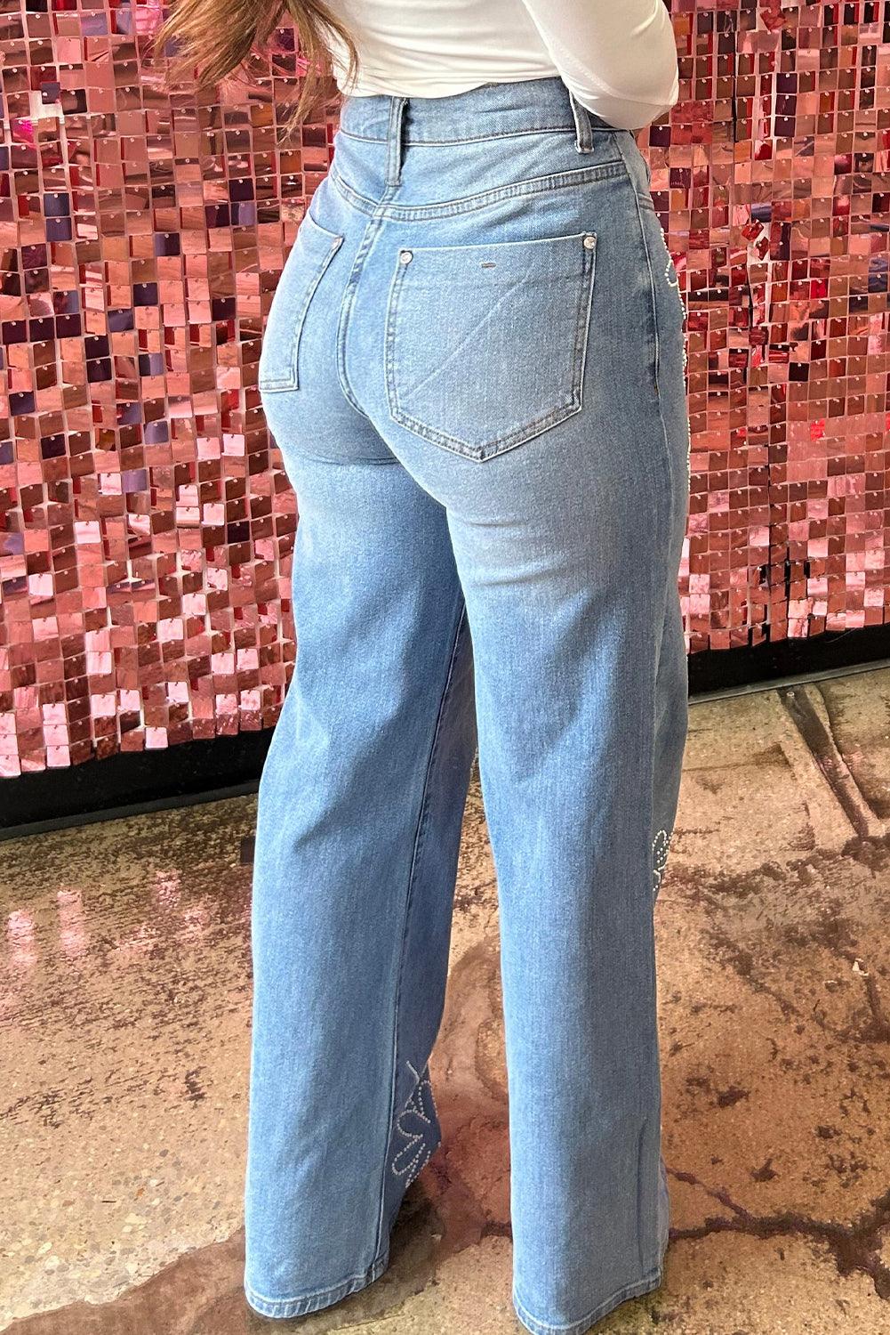 Light Blue Floral Rhinestone Decor High Rise Wide Leg Jeans - L & M Kee, LLC
