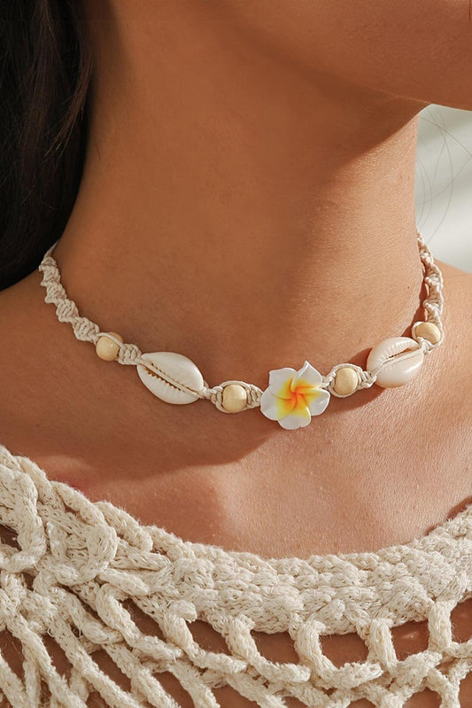 White Flower Seashell Braided Choker Necklace
