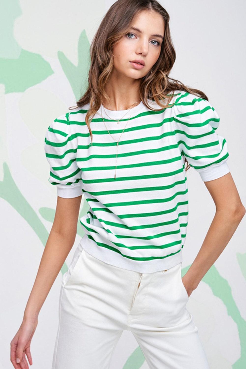 Green Stripe Puff Sleeve Elegant T-shirt - L & M Kee, LLC
