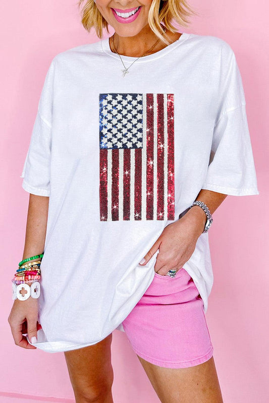 White Sequined American Flag Crewneck Oversized Tee - L & M Kee, LLC