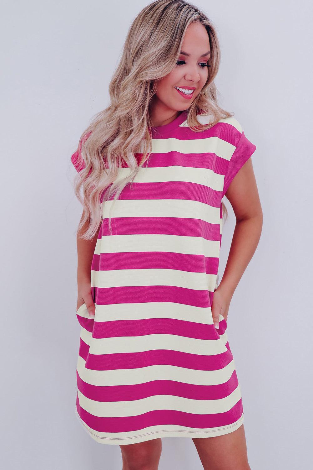 Rose Stripe Cap Sleeve Pocketed Shift T-shirt Dress - L & M Kee, LLC