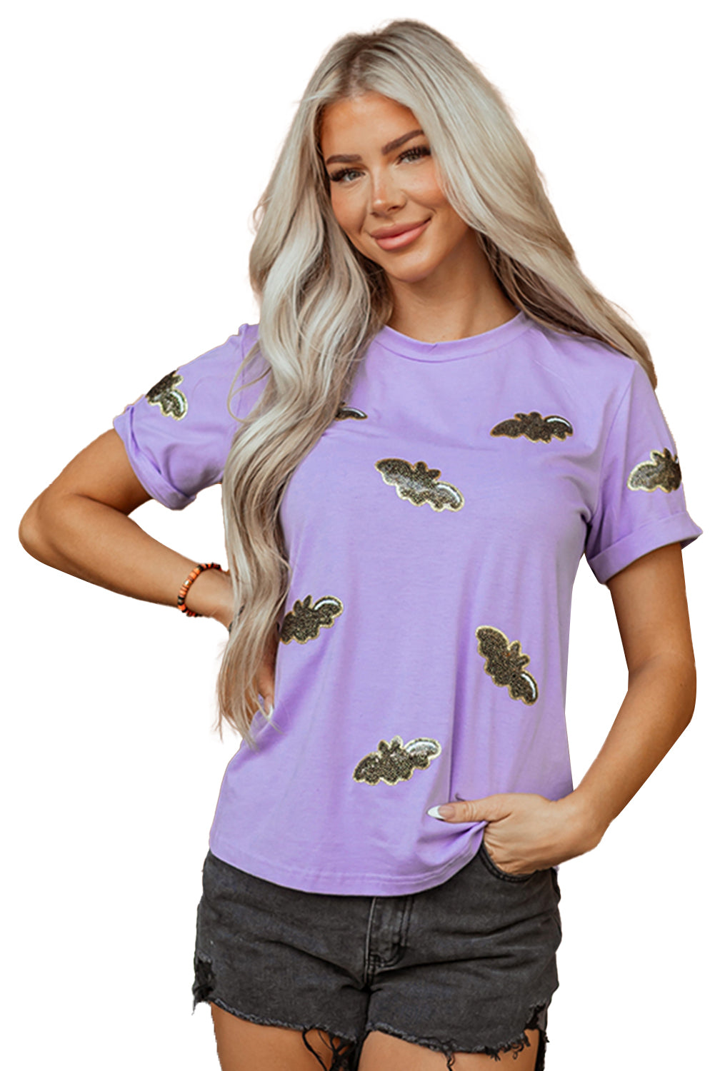 Wisteria Sequin Halloween Bat Patched Casual T Shirt