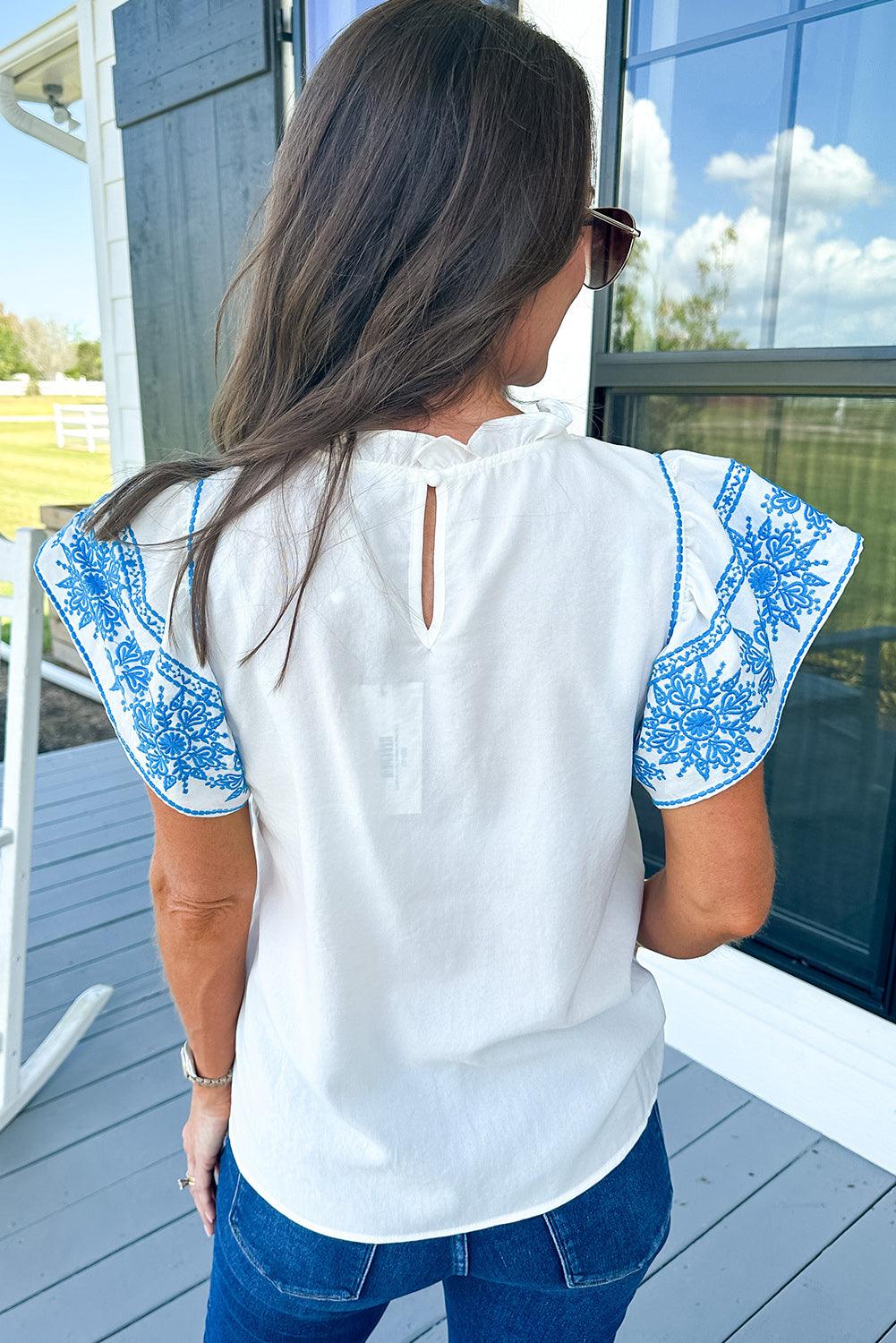 White Embroidered Ruffled Sleeve Frilled Collar Blouse - L & M Kee, LLC