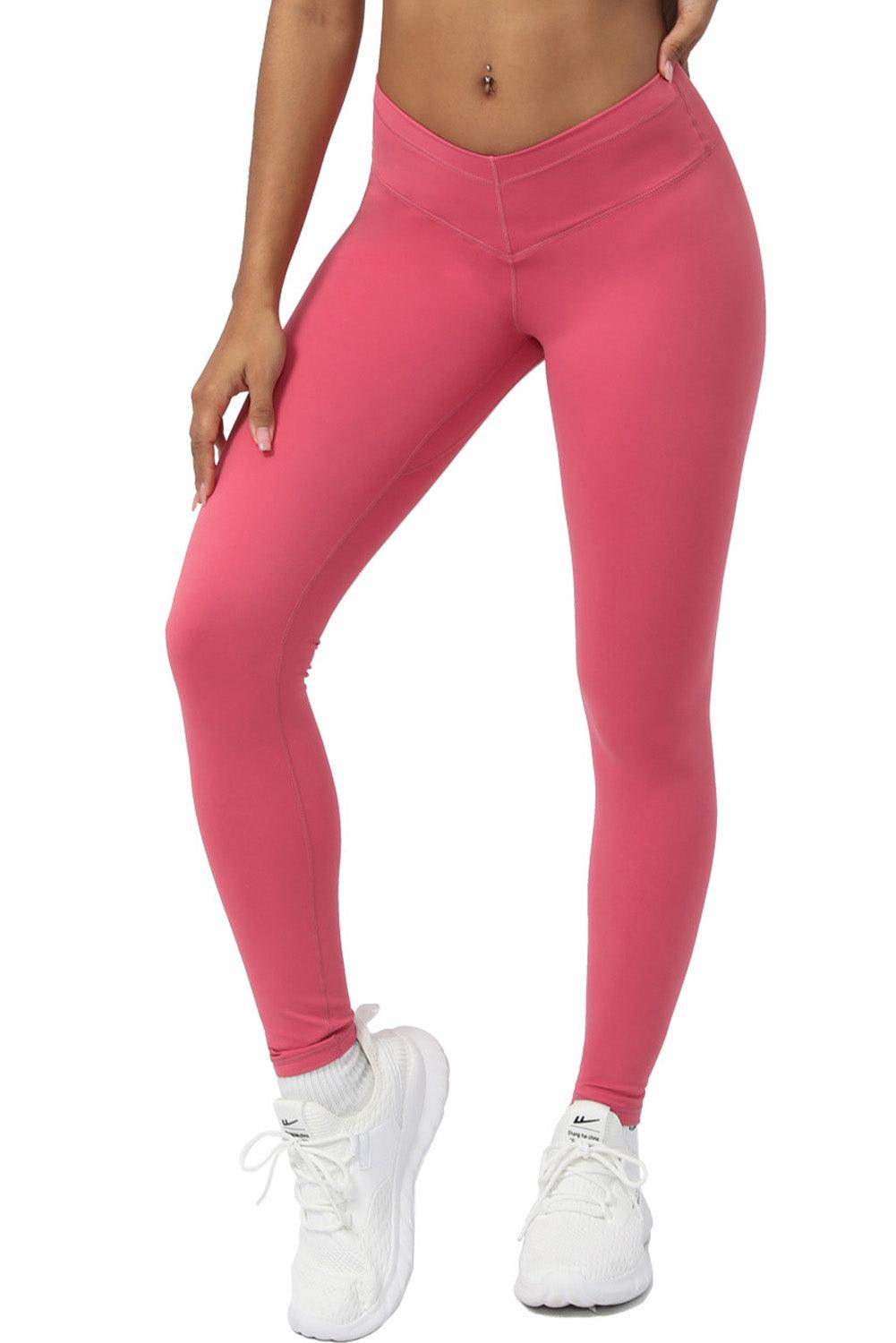 Strawberry Pink Seam Detail V-shape Dipped Waist Fitness Leggings - L & M Kee, LLC