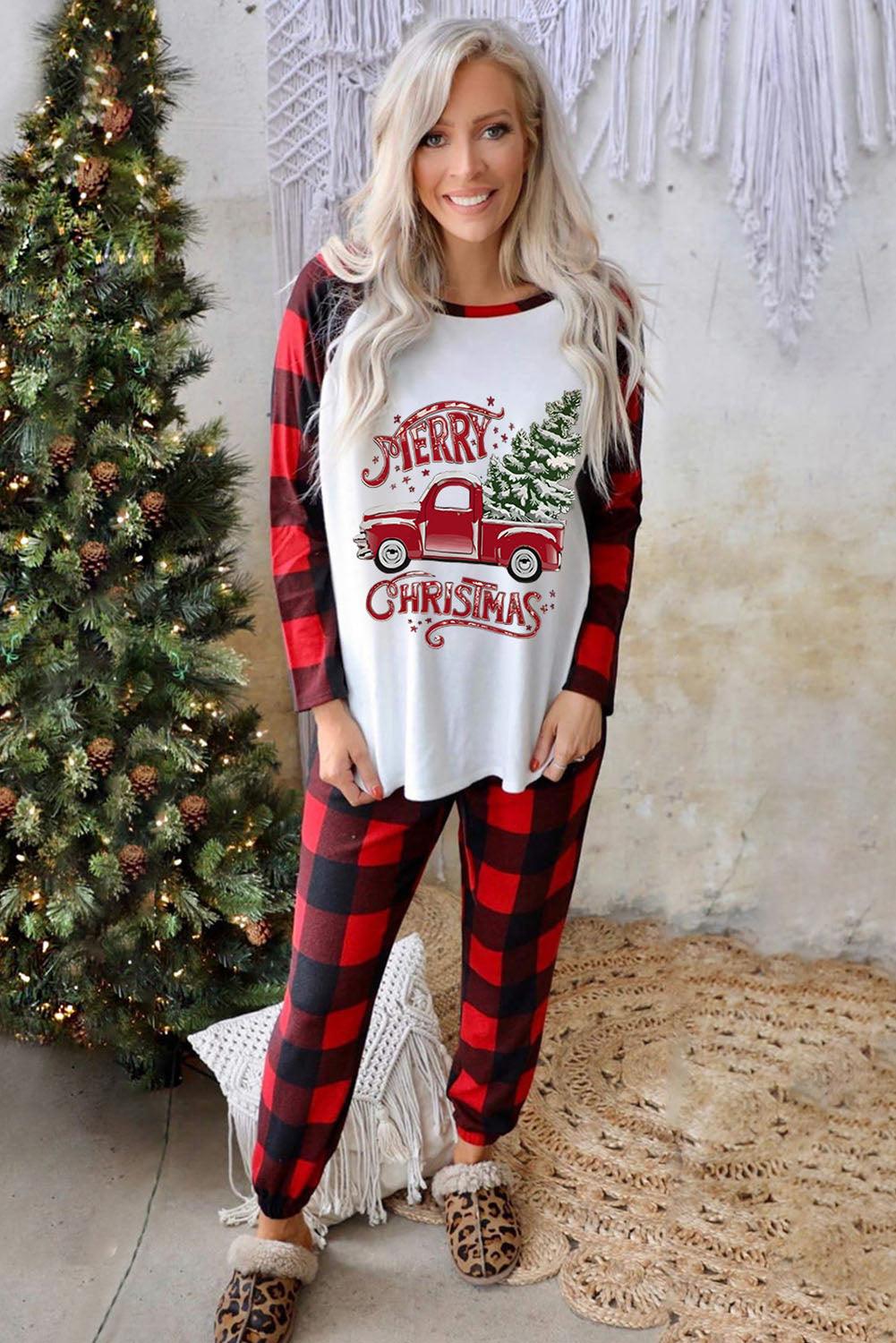 Red MERRY CHRISTMAS Plaid Print Two Piece Loungewear - L & M Kee, LLC