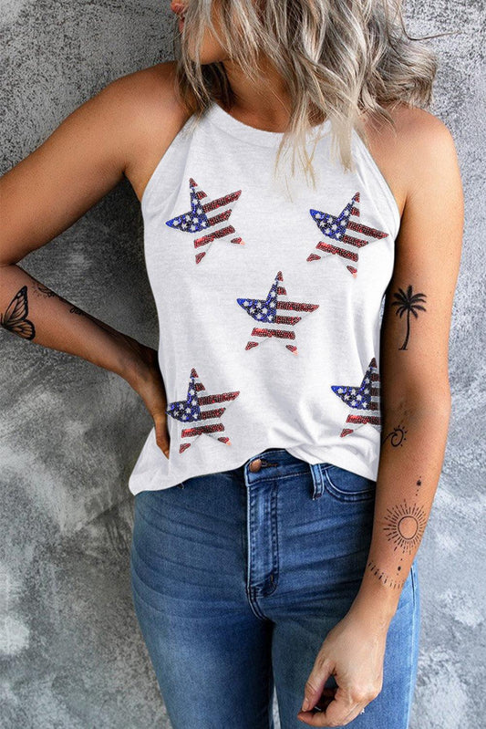 White Sequined American Flag Star Graphic Tank Top - L & M Kee, LLC