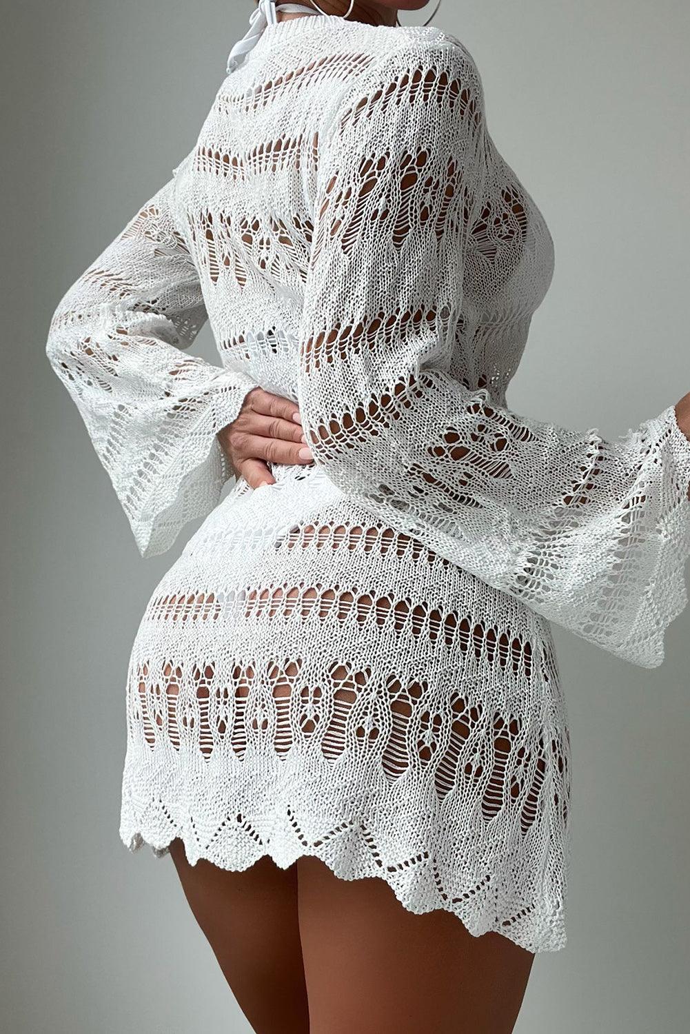 White Hollowed Long Sleeve Scalloped Trim Beach Dress - L & M Kee, LLC