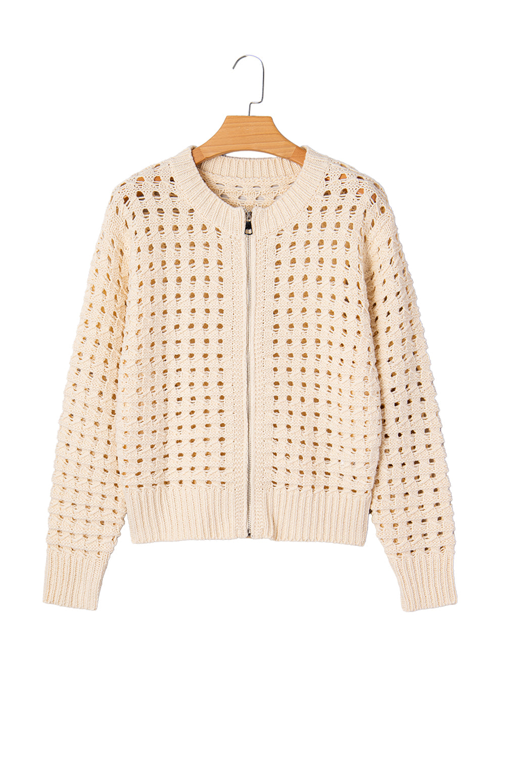 Beige Hollowed Pattern Knit Zip Up Drop Shoulder Sweater Cardigan