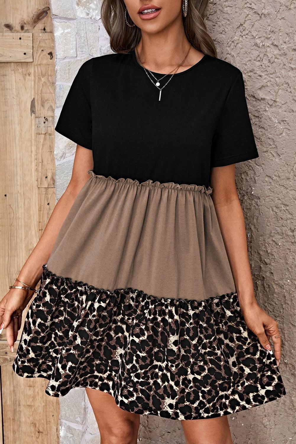 Light French Beige Leopard Print Colorblock Frill Trim T-shirt Dress - L & M Kee, LLC