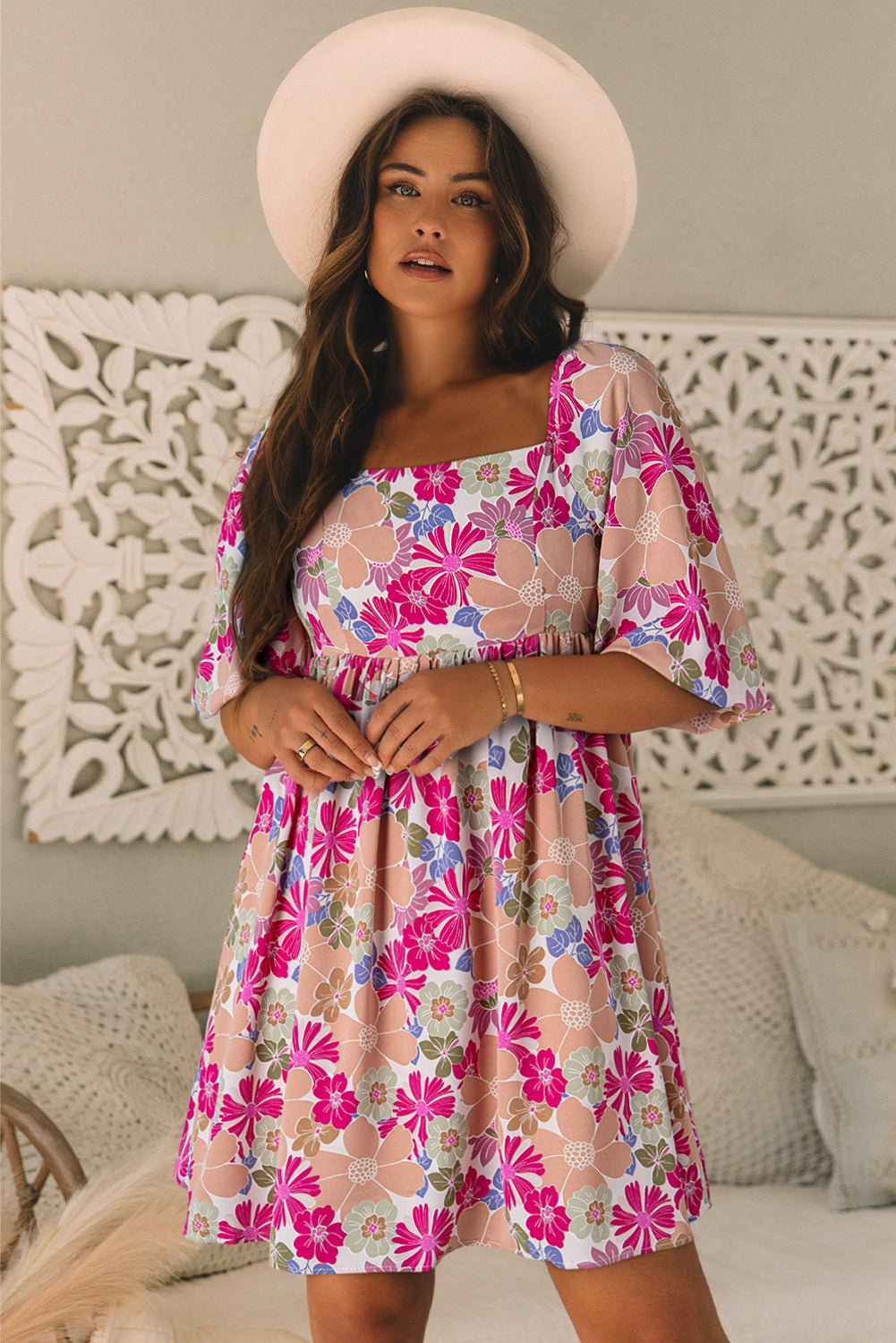 Pink Summer Floral Square Neck Puff Sleeve Babydoll Dress