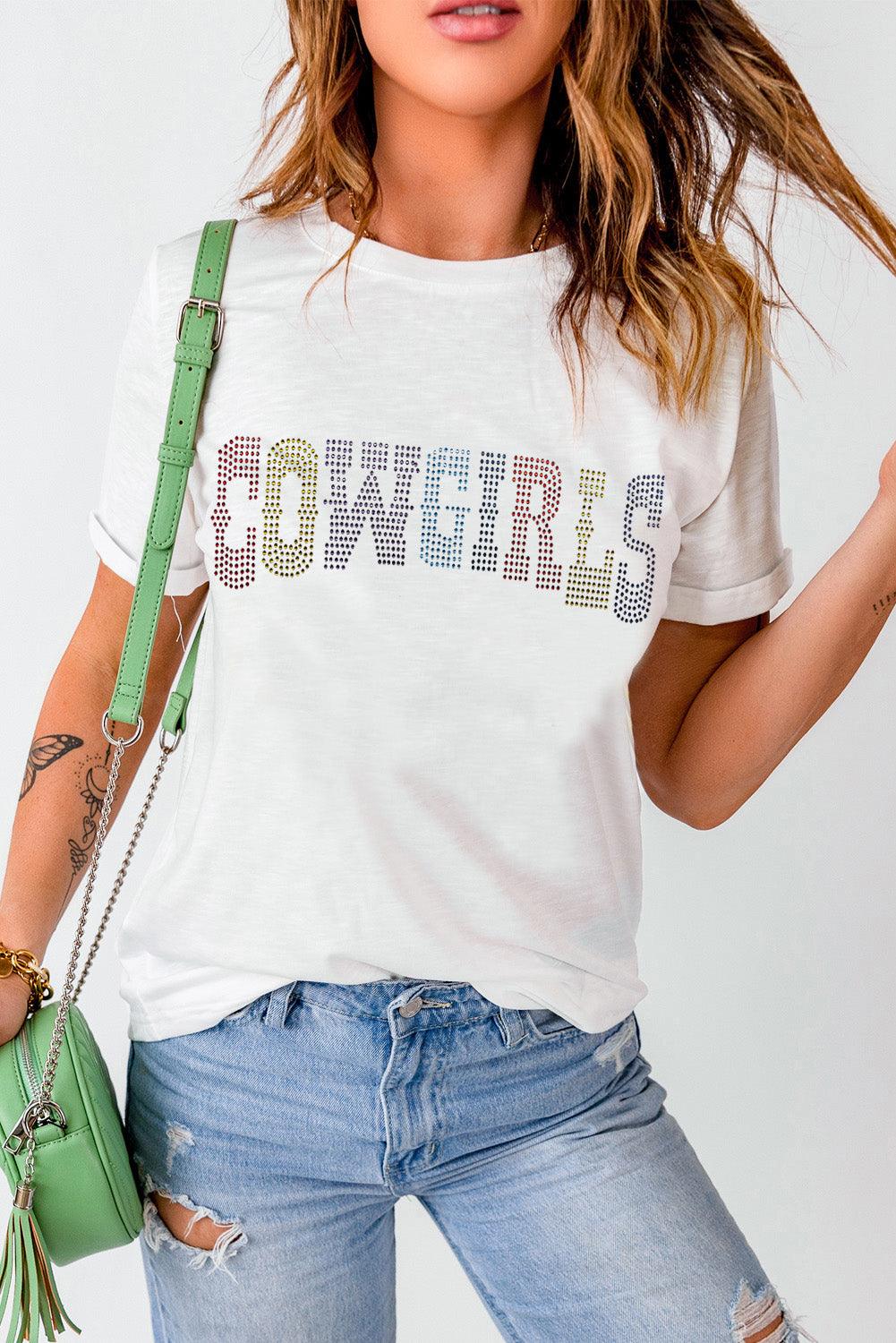 White Rhinestone Cowgirls Graphic Tee - L & M Kee, LLC
