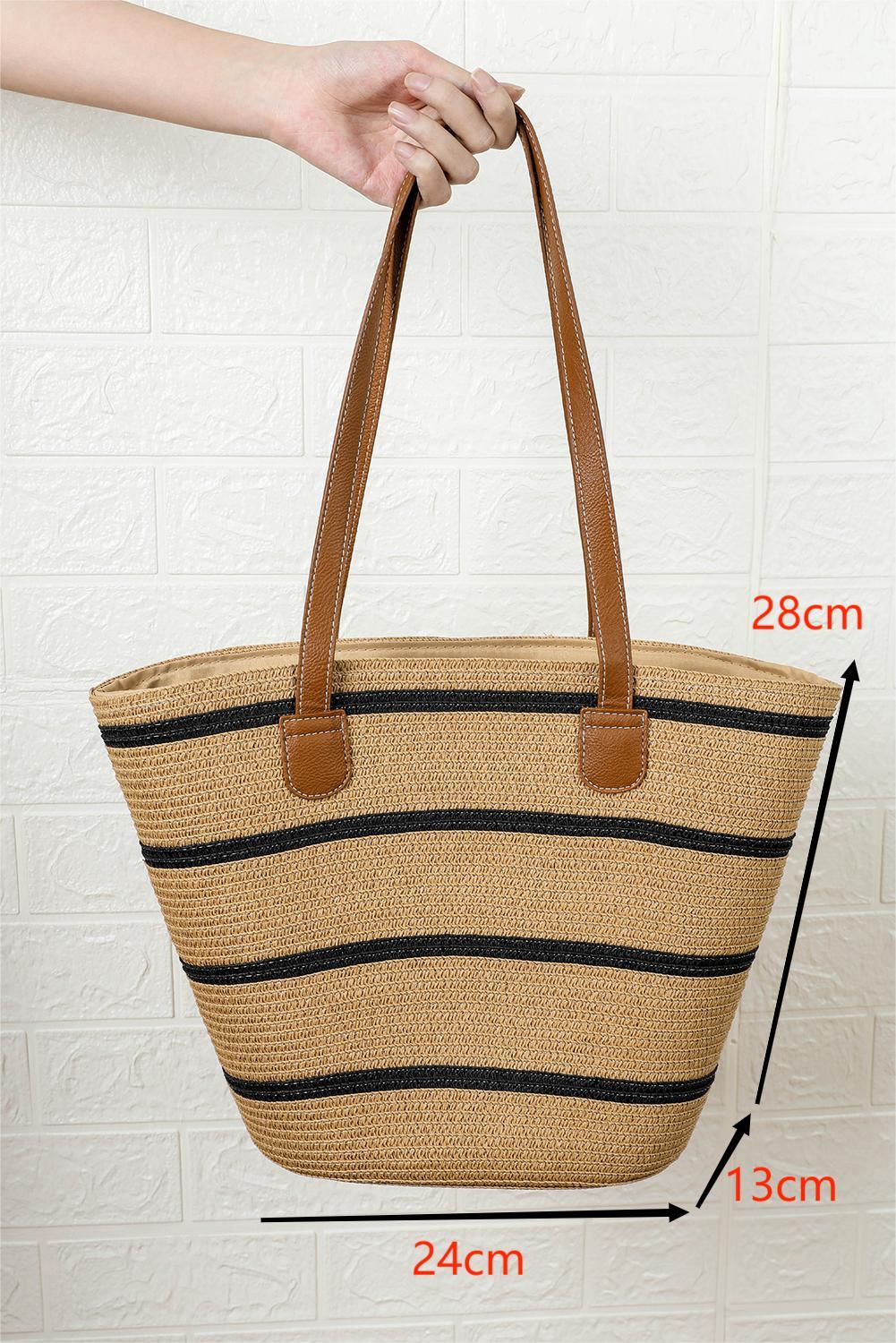Black Straw Woven Striped Vacation One Shoulder Bag - L & M Kee, LLC