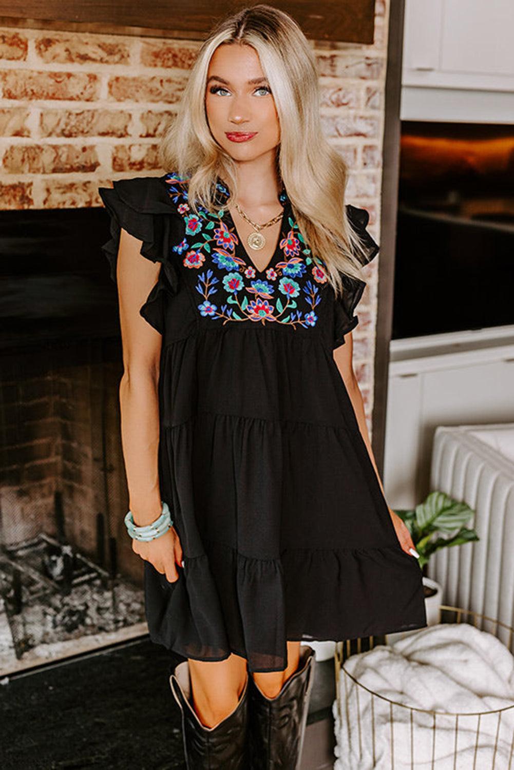 Black Floral Embroidered Tiered Ruffled Mini Dress - L & M Kee, LLC