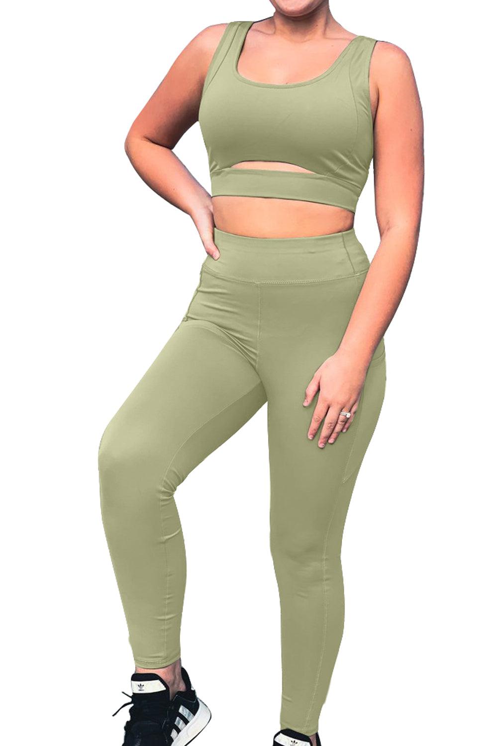Army Green Two-piece Cut out Bra and Leggings Sports Wear - L & M Kee, LLC