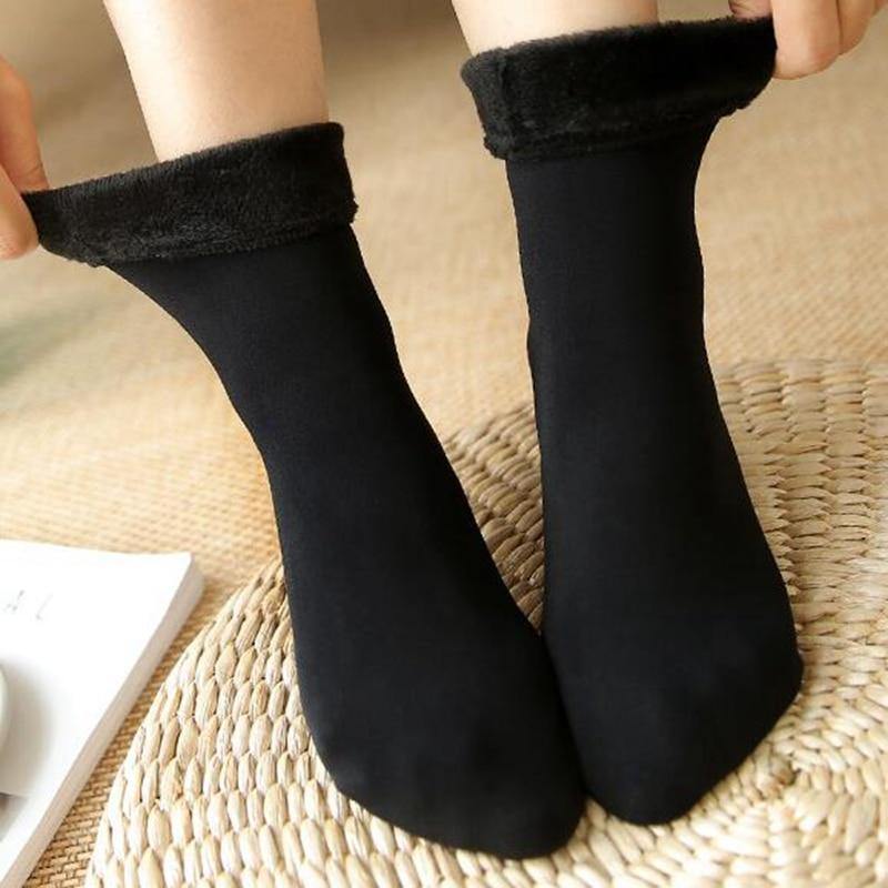 1 Pair of Solid Color Fuzzy Lined Socks Warm Womens Socks - L & M Kee, LLC