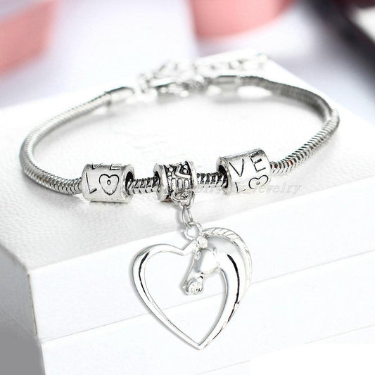 12PC Wholesale | Hollow Love Heart Horse Head Pendant Charm Bracelets-L & M Kee, LLC