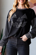 Black Halloween Rhinestone Pumpkin Face Contrast Ribbed Long Sleeve Patchwork Top