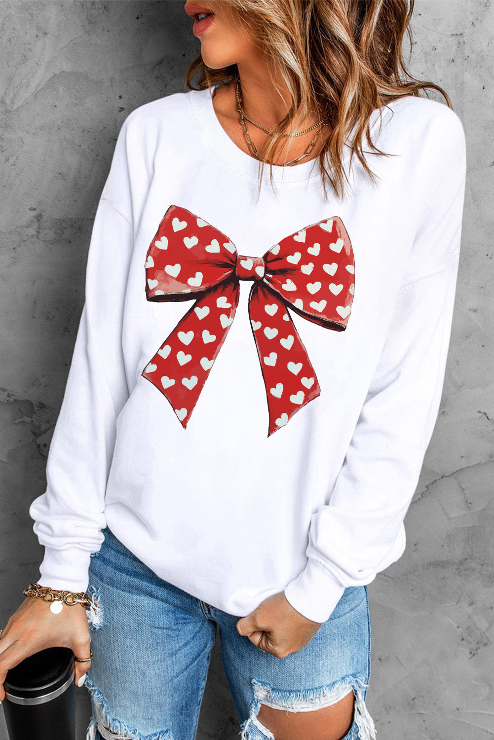 White Heart Bow Printed Round Neck Valentines Pullover Sweatshirt