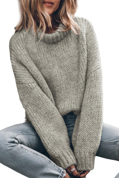 Light Grey Chunky Knit Turtle Neck Drop Shoulder Sweater - L & M Kee, LLC