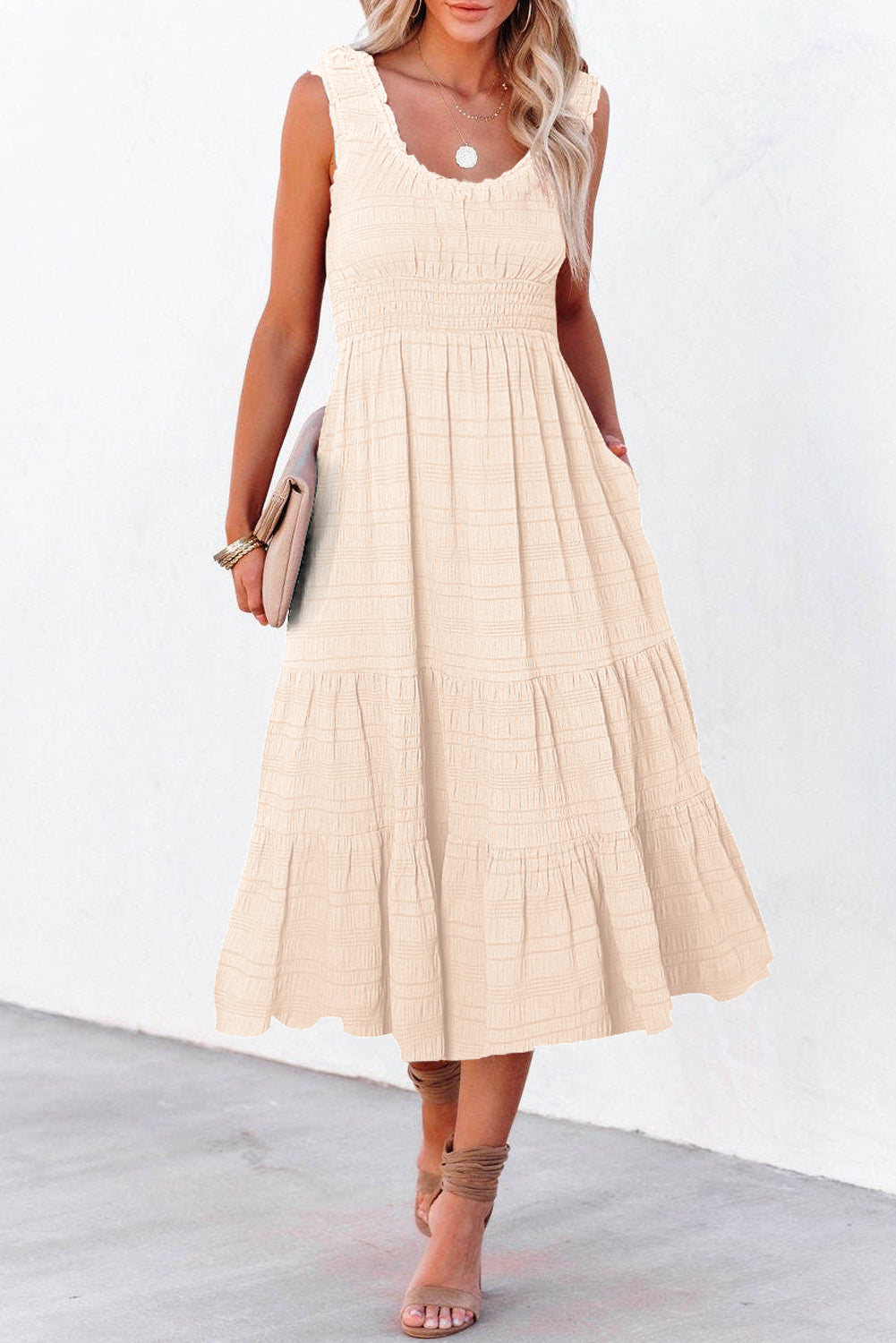 Apricot Shirred Pleated Square Neck Sleeveless Midi Dress
