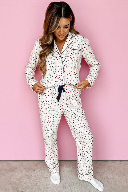 White Contrast Pipping Star Long Sleeve and Pants Pajamas Set - L & M Kee, LLC