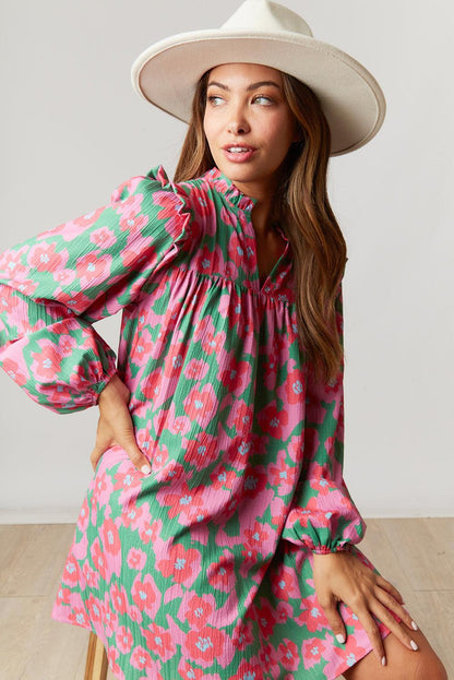 Pink Split V Neck Bubble Sleeve Loose Floral Dress - L & M Kee, LLC