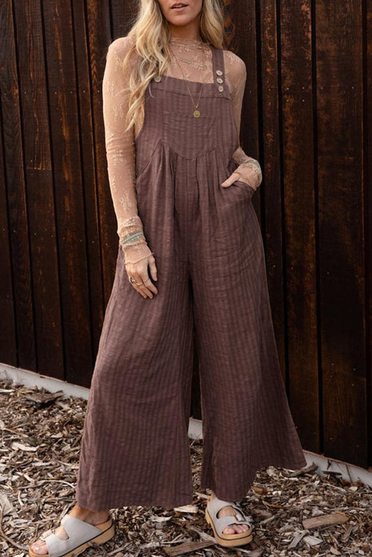 Chicory Coffee Striped Pleated Wide Leg Pocketed Jumpsuit - L & M Kee, LLC