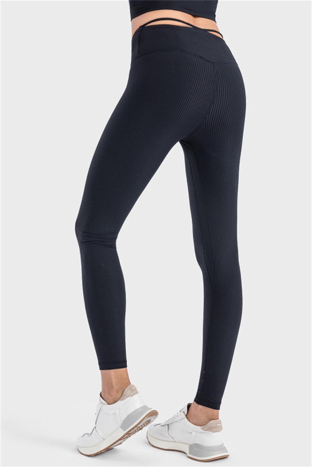 Black Wide Waistband Ribbed Skinny Yoga Pants - L & M Kee, LLC