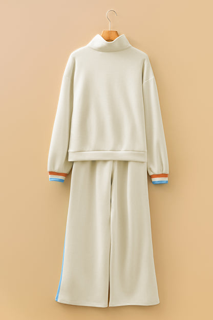 Gray Striped Patchwork Quarter Zip Pullover Loose Pant Set