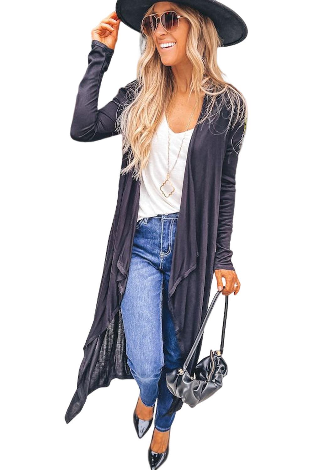 Black Draped Open Front Long Cardigan - L & M Kee, LLC