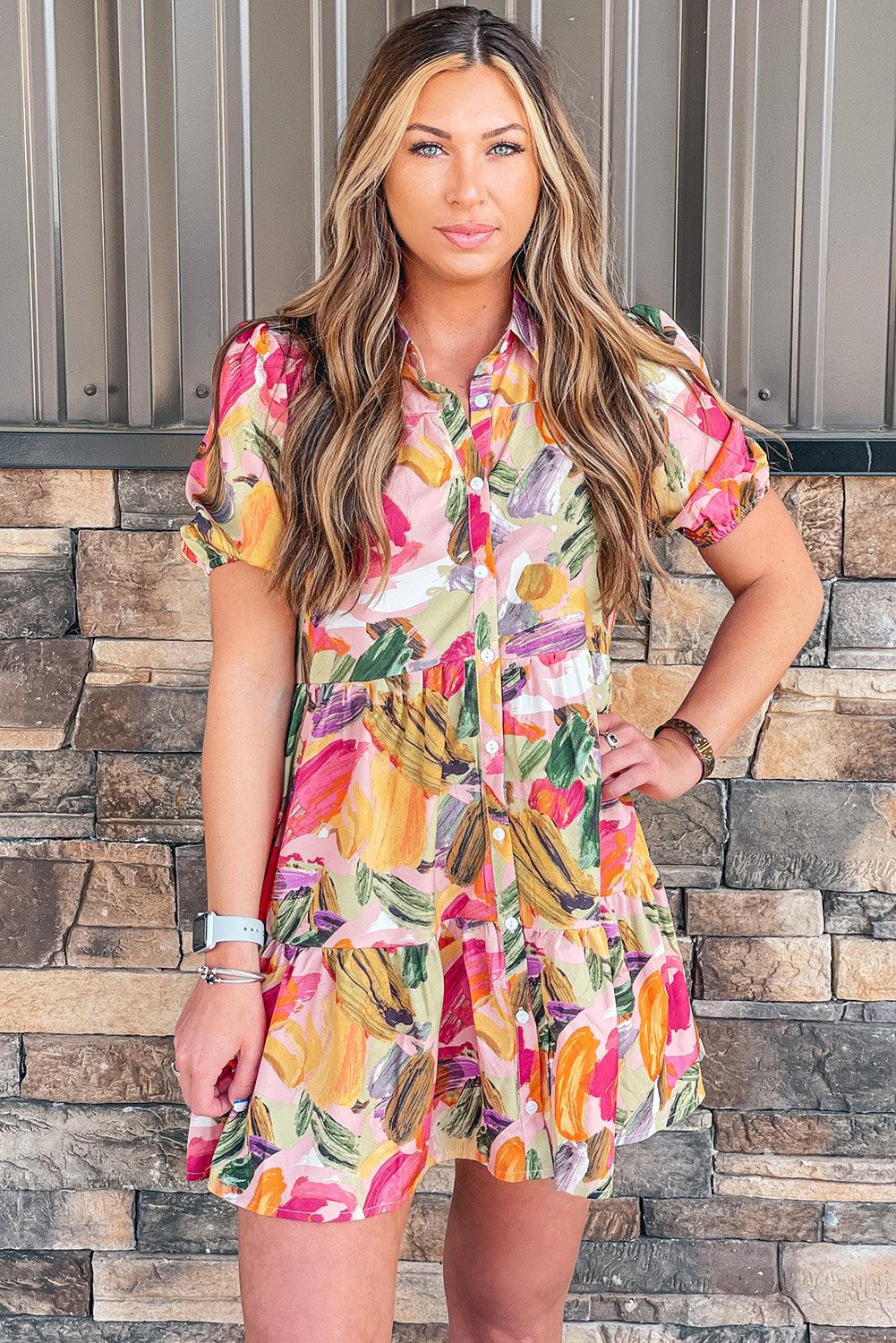 Multicolor Floral Print Short Sleeve Shirt Dress - L & M Kee, LLC