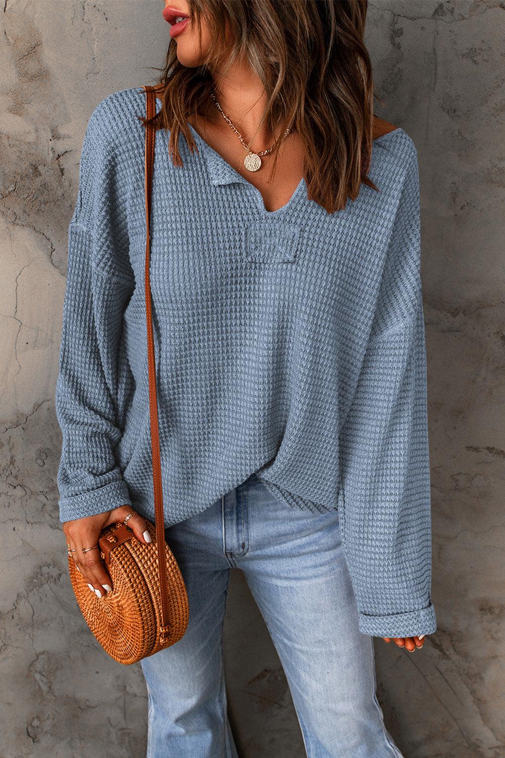 Dusk Blue Waffle Knit Loose Long Sleeve Top - L & M Kee, LLC