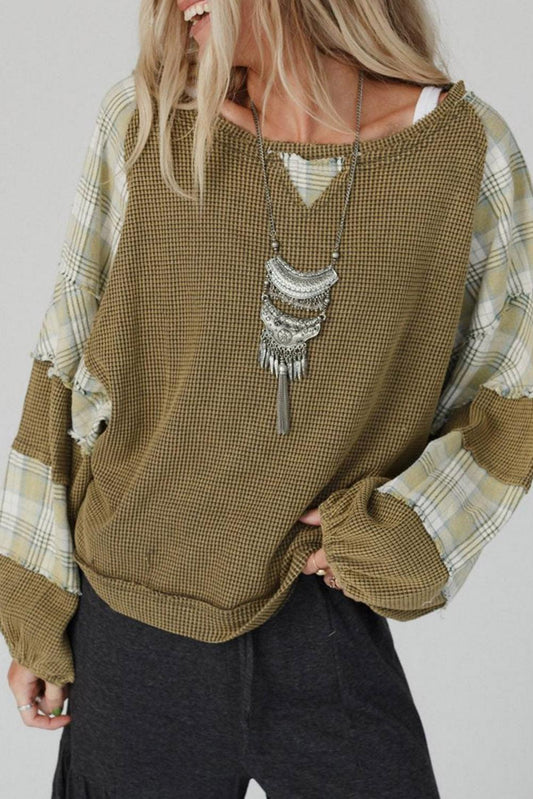 Green Plaid Patch Waffle Knit Exposed Seam Bubble Sleeve Top - L & M Kee, LLC