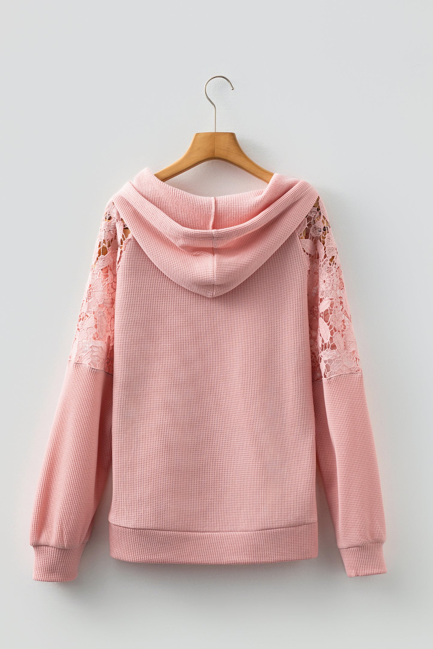 Gossamer Pink Lace Patchwork Raglan Sleeve Kangaroo Pocket Waffle Hoodie