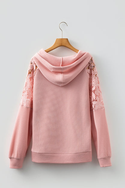 Gossamer Pink Lace Patchwork Raglan Sleeve Kangaroo Pocket Waffle Hoodie