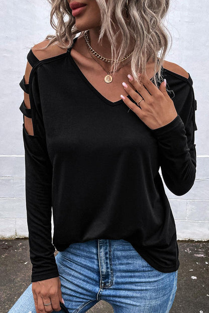 Black Cold Shoulder Cut out Long Sleeve Top - L & M Kee, LLC