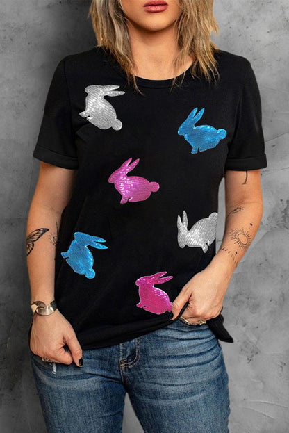 Black Glitter Easter Bunny Round Neck T-shirt - L & M Kee, LLC