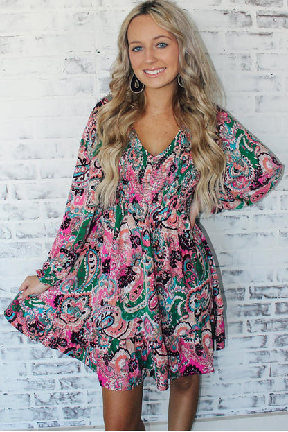 Boho Paisley Print Ruffle Hem Dress - L & M Kee, LLC