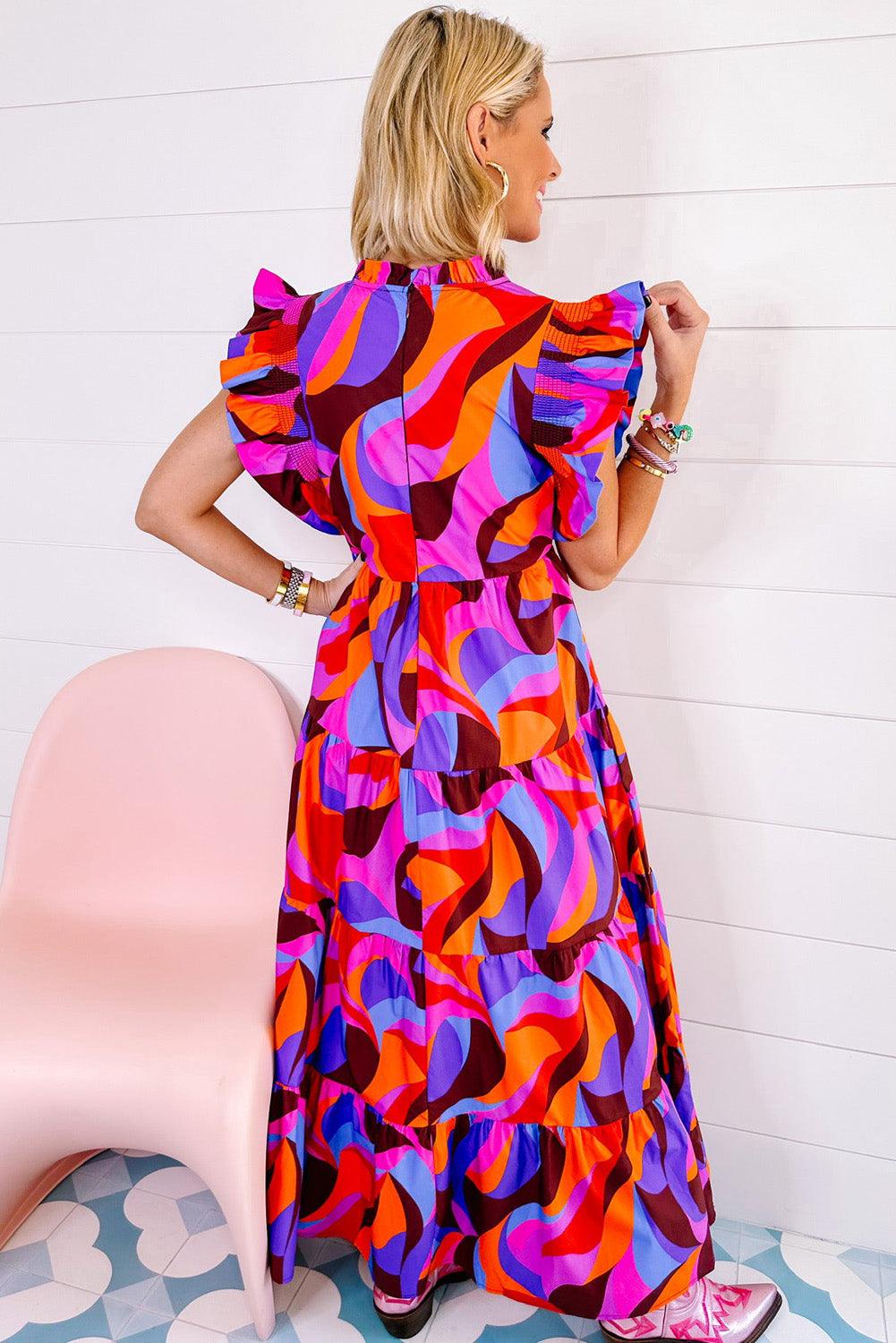 Multicolour Plus Abstract Print Ruffled Mock Neck Tiered Maxi Dress - L & M Kee, LLC