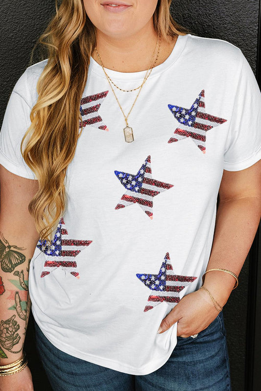 White Sequin American Flag Star Pattern Plus Size Tee - L & M Kee, LLC