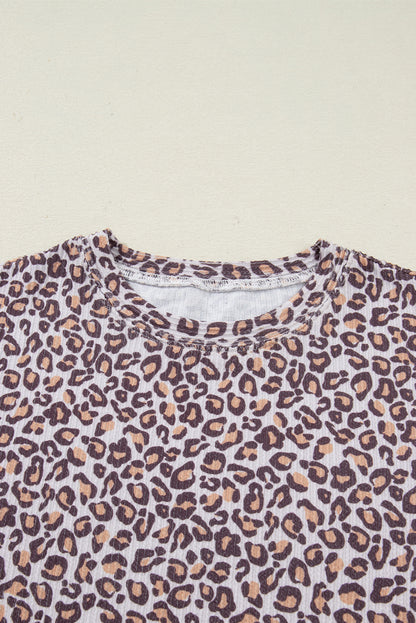 Khaki Leopard Ribbed Long Sleeve Top Drawstring Shorts 2pcs Outfit