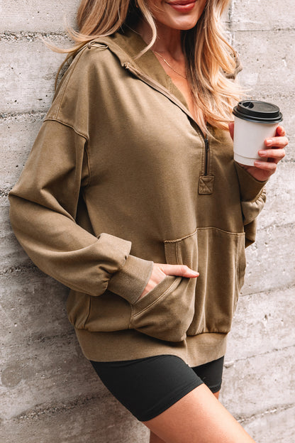 Black Half Zip Kangaroo Pocket Mineral Wash Baggy Hoodie